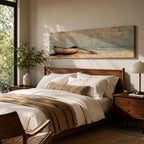 Panoramic oil painting of a weathered wooden rowboat resting on a sandy beach with a single oar lying beside it, facing calm ocean water and a distant horizon beneath a textured cloudy sky rendered in muted coastal tones with soft waves and subtle shoreline detail.