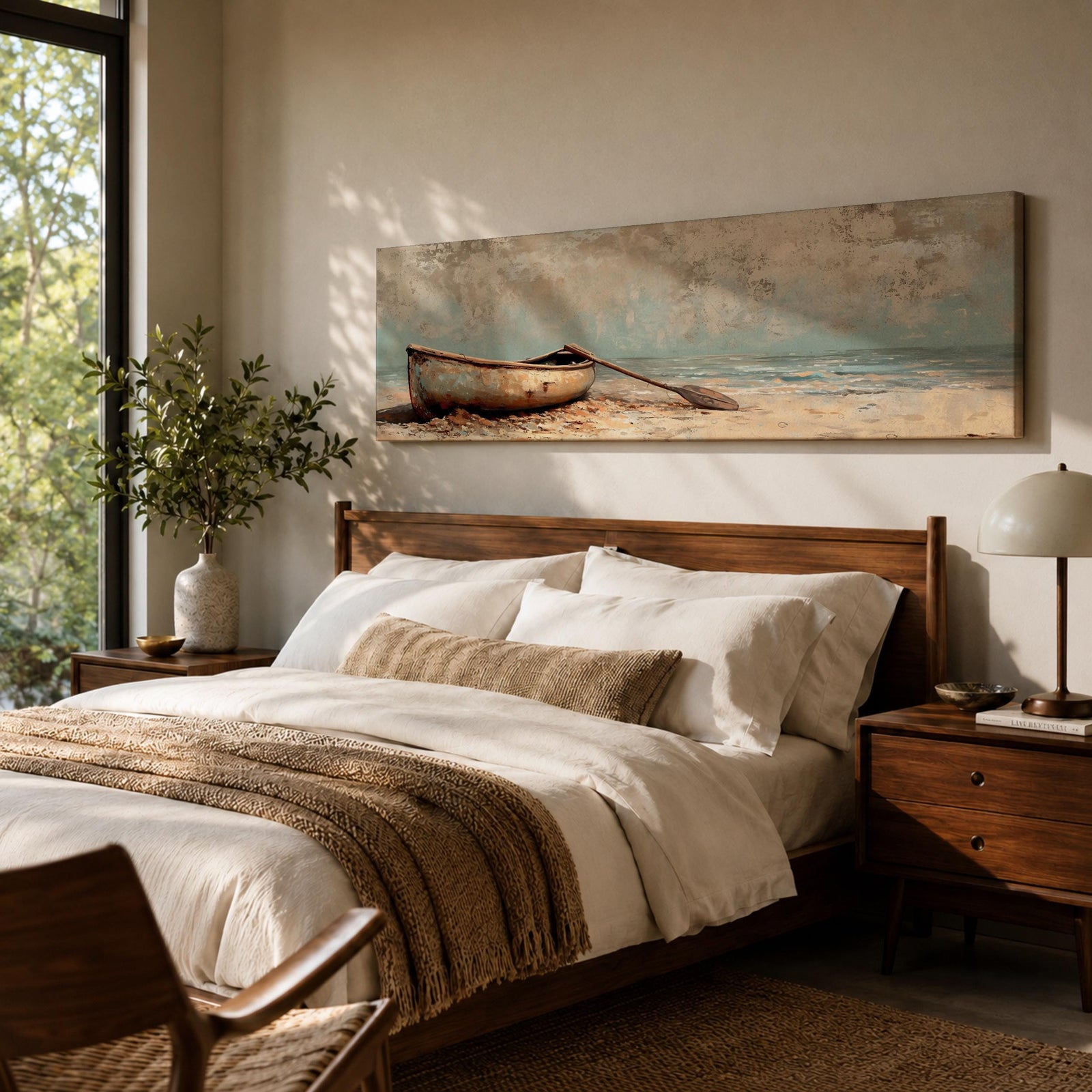 Panoramic oil painting of a weathered wooden rowboat resting on a sandy beach with a single oar lying beside it, facing calm ocean water and a distant horizon beneath a textured cloudy sky rendered in muted coastal tones with soft waves and subtle shoreline detail.