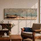 Panoramic oil painting of a weathered wooden rowboat resting on a sandy beach with a single oar lying beside it, facing calm ocean water and a distant horizon beneath a textured cloudy sky rendered in muted coastal tones with soft waves and subtle shoreline detail.