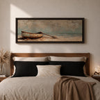 Panoramic oil painting of a weathered wooden rowboat resting on a sandy beach with a single oar lying beside it, facing calm ocean water and a distant horizon beneath a textured cloudy sky rendered in muted coastal tones with soft waves and subtle shoreline detail.