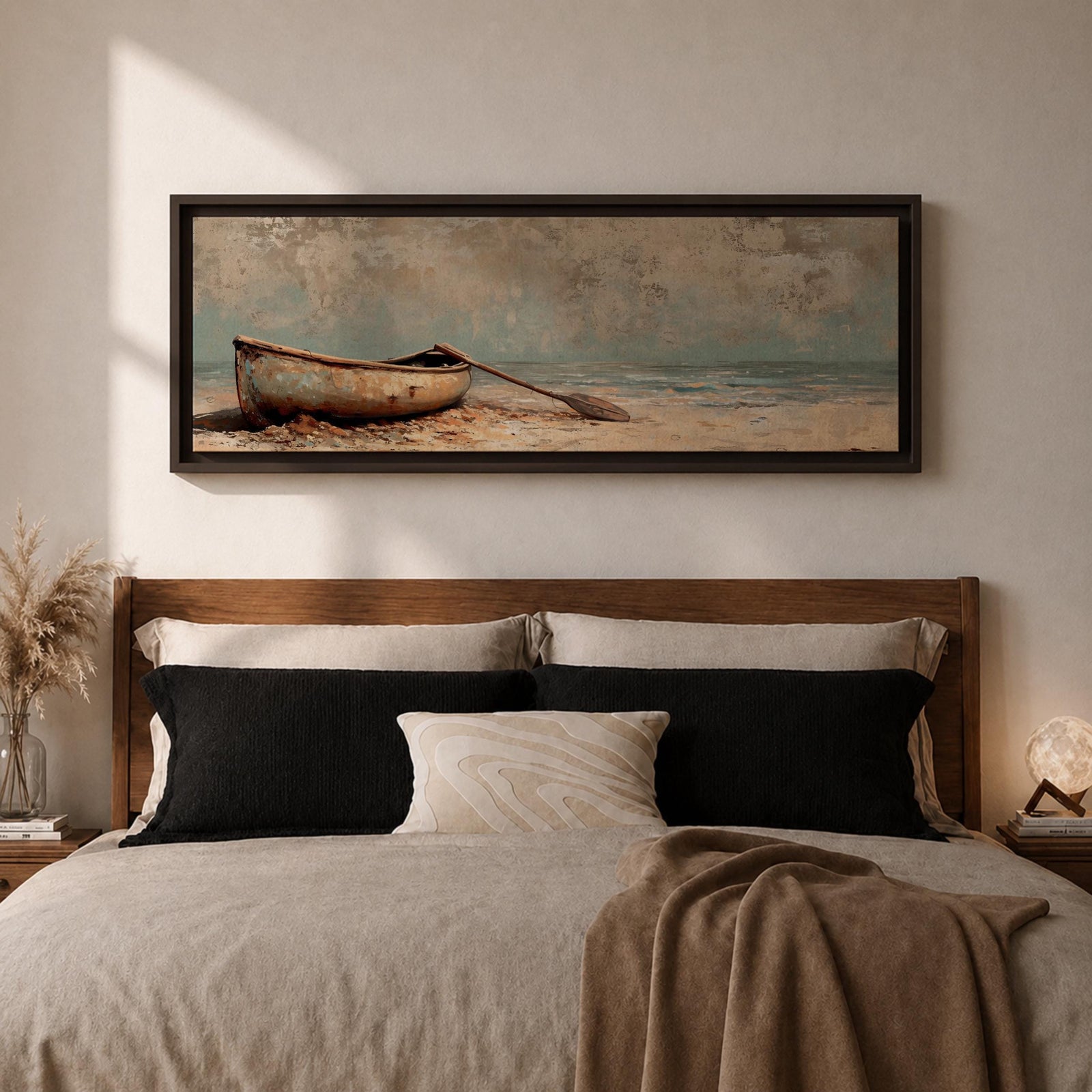 Panoramic oil painting of a weathered wooden rowboat resting on a sandy beach with a single oar lying beside it, facing calm ocean water and a distant horizon beneath a textured cloudy sky rendered in muted coastal tones with soft waves and subtle shoreline detail.