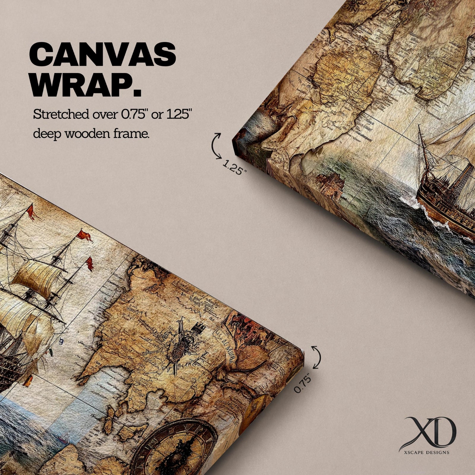 Panoramic vintage style artwork depicting an old world map with a detailed sailing ship navigating across the ocean, surrounded by antique cartographic illustrations, compass elements, and aged parchment textures forming a classic nautical exploration scene.
