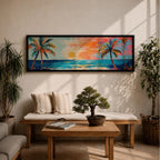 Panoramic tropical beach painting featuring tall palm trees framing a glowing sunset over turquoise ocean waves, with warm orange and pink sky tones reflecting across the water and expressive brushstrokes creating a vibrant coastal seascape scene.