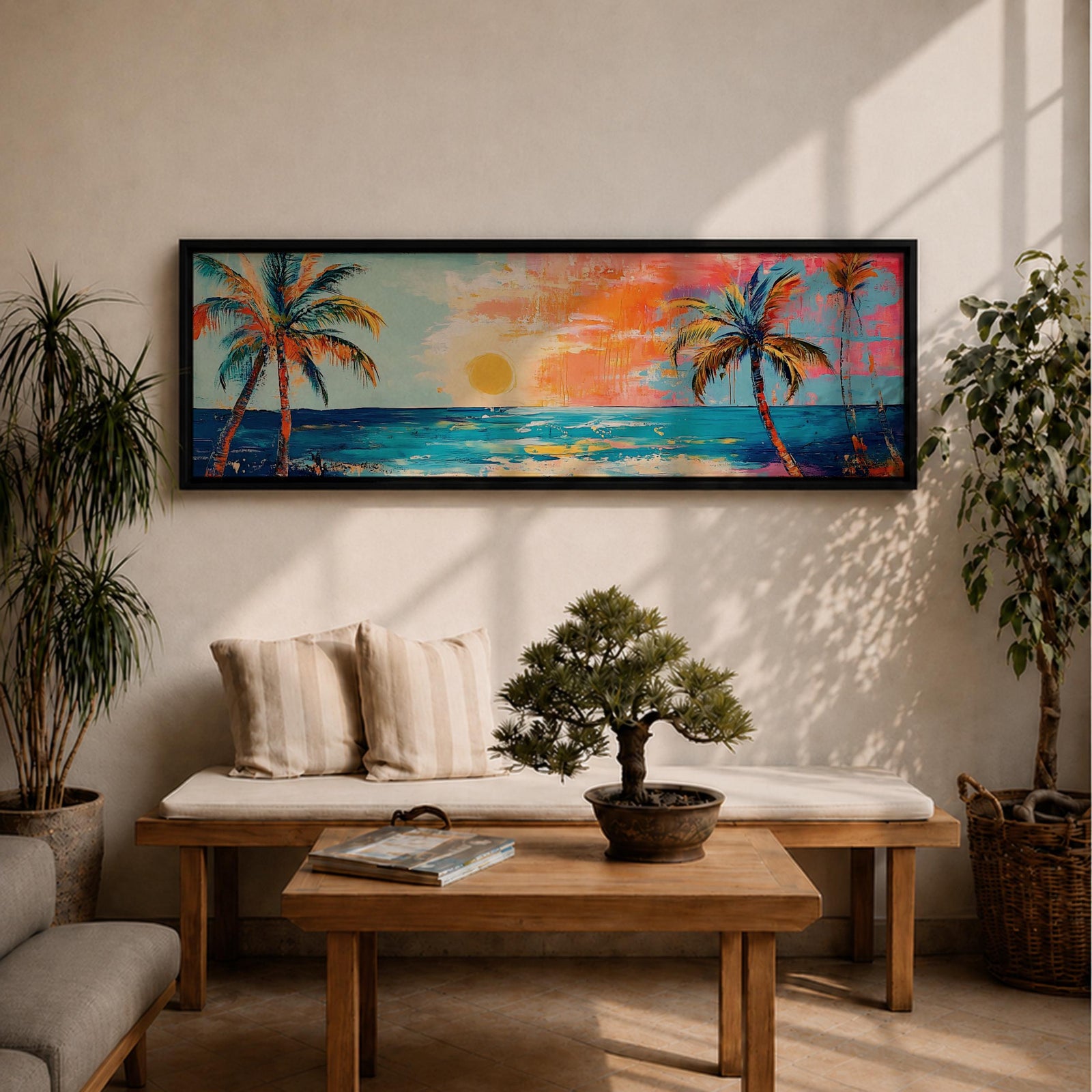 Panoramic tropical beach painting featuring tall palm trees framing a glowing sunset over turquoise ocean waves, with warm orange and pink sky tones reflecting across the water and expressive brushstrokes creating a vibrant coastal seascape scene.