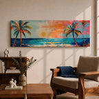 Panoramic tropical beach painting featuring tall palm trees framing a glowing sunset over turquoise ocean waves, with warm orange and pink sky tones reflecting across the water and expressive brushstrokes creating a vibrant coastal seascape scene.