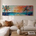 Panoramic tropical beach painting featuring tall palm trees framing a glowing sunset over turquoise ocean waves, with warm orange and pink sky tones reflecting across the water and expressive brushstrokes creating a vibrant coastal seascape scene.