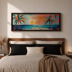 Panoramic tropical beach painting featuring tall palm trees framing a glowing sunset over turquoise ocean waves, with warm orange and pink sky tones reflecting across the water and expressive brushstrokes creating a vibrant coastal seascape scene.