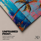 Panoramic tropical beach painting featuring tall palm trees framing a glowing sunset over turquoise ocean waves, with warm orange and pink sky tones reflecting across the water and expressive brushstrokes creating a vibrant coastal seascape scene.