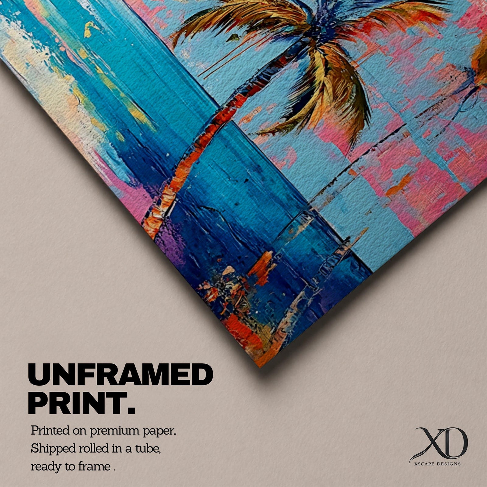 Panoramic tropical beach painting featuring tall palm trees framing a glowing sunset over turquoise ocean waves, with warm orange and pink sky tones reflecting across the water and expressive brushstrokes creating a vibrant coastal seascape scene.