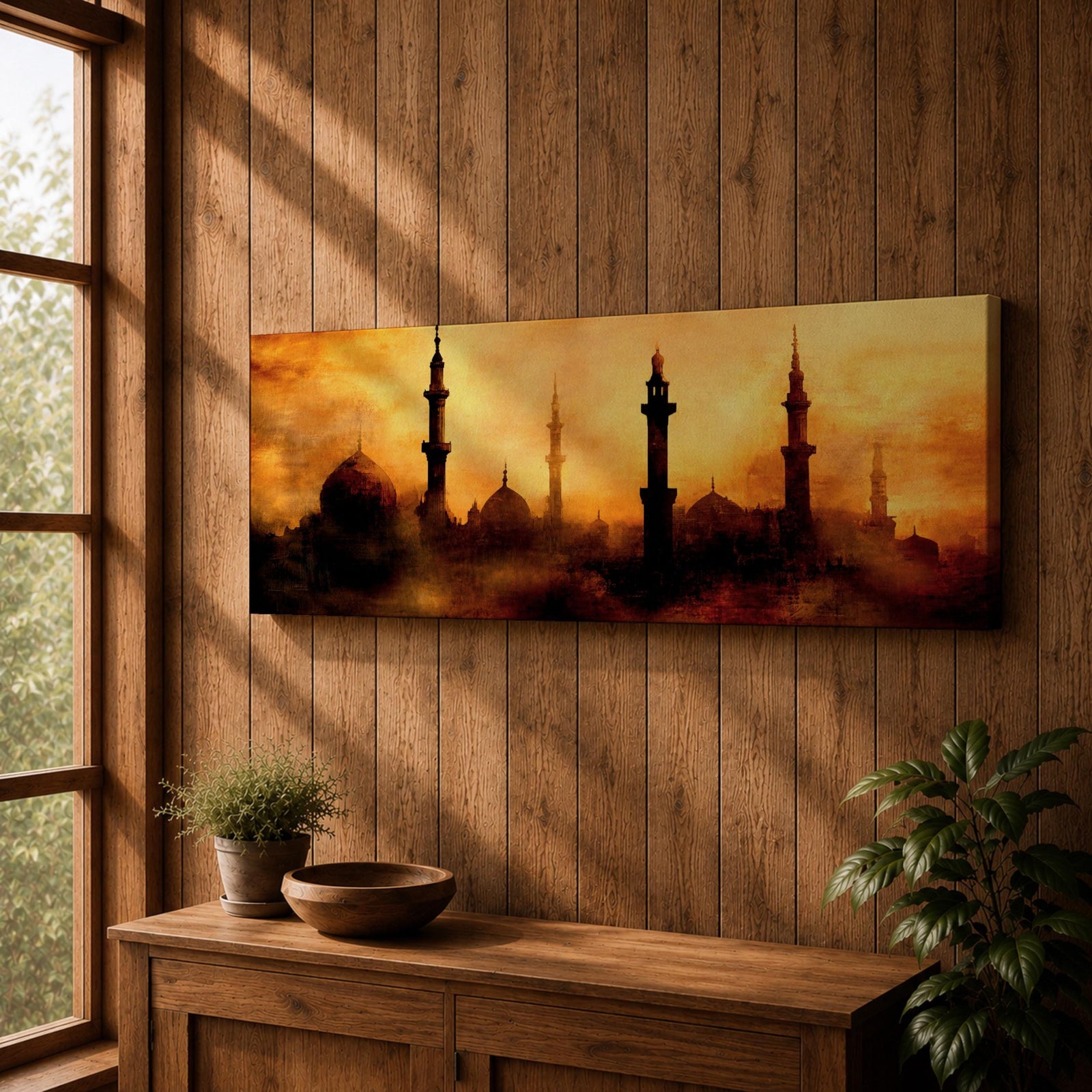 Panoramic artwork depicting a dramatic skyline of mosque domes and tall minarets silhouetted against a glowing golden sunset sky, with warm amber and orange tones diffused through atmospheric haze creating a striking Islamic architectural horizon.