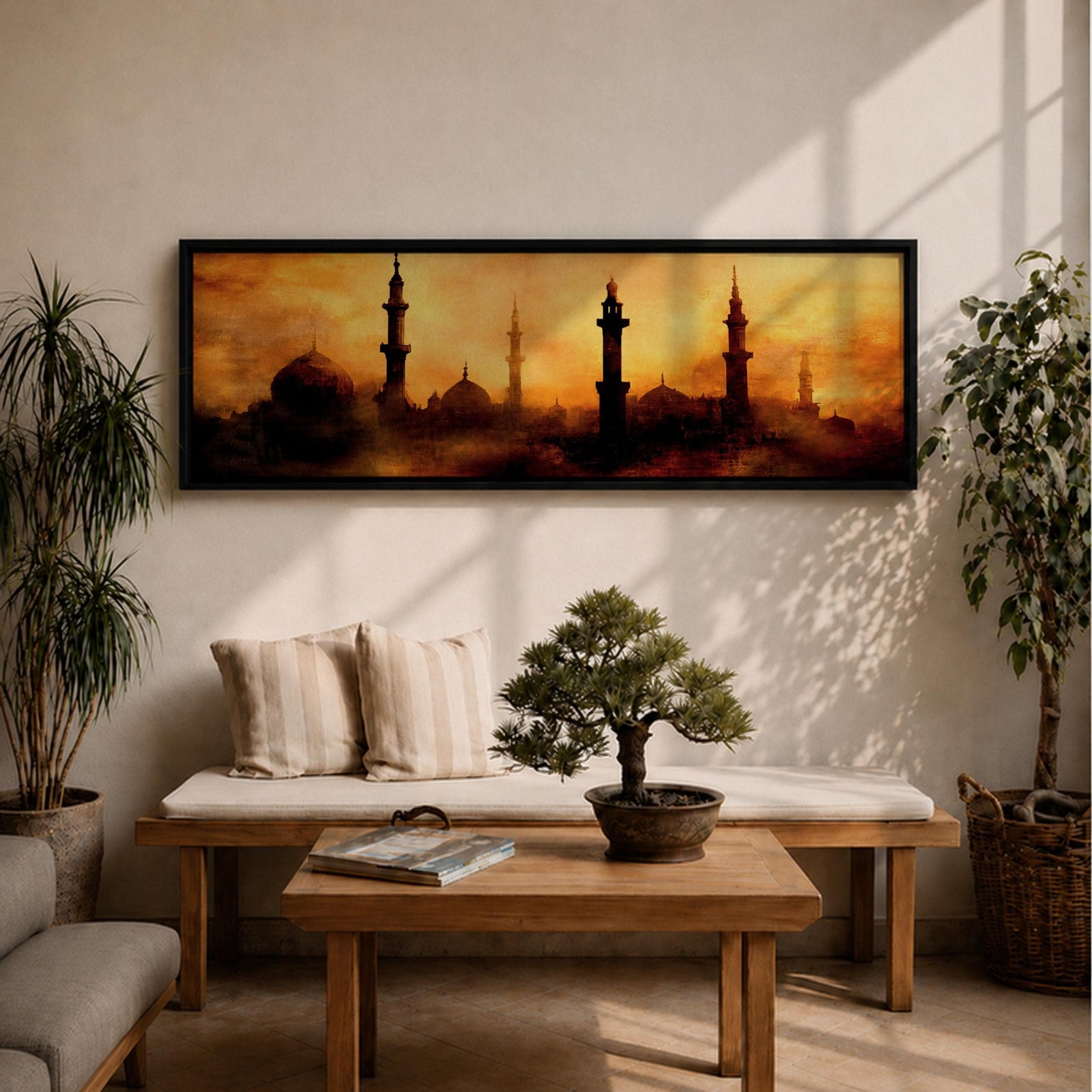 Panoramic artwork depicting a dramatic skyline of mosque domes and tall minarets silhouetted against a glowing golden sunset sky, with warm amber and orange tones diffused through atmospheric haze creating a striking Islamic architectural horizon.
