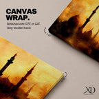 Panoramic artwork depicting a dramatic skyline of mosque domes and tall minarets silhouetted against a glowing golden sunset sky, with warm amber and orange tones diffused through atmospheric haze creating a striking Islamic architectural horizon.