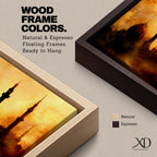 Panoramic artwork depicting a dramatic skyline of mosque domes and tall minarets silhouetted against a glowing golden sunset sky, with warm amber and orange tones diffused through atmospheric haze creating a striking Islamic architectural horizon.