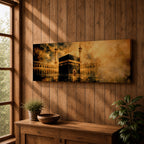 Panoramic artwork depicting the Kaaba in Mecca surrounded by the Masjid al-Haram courtyard with tall minarets rising through golden atmospheric light and dramatic clouds, creating a sacred Islamic architectural scene.