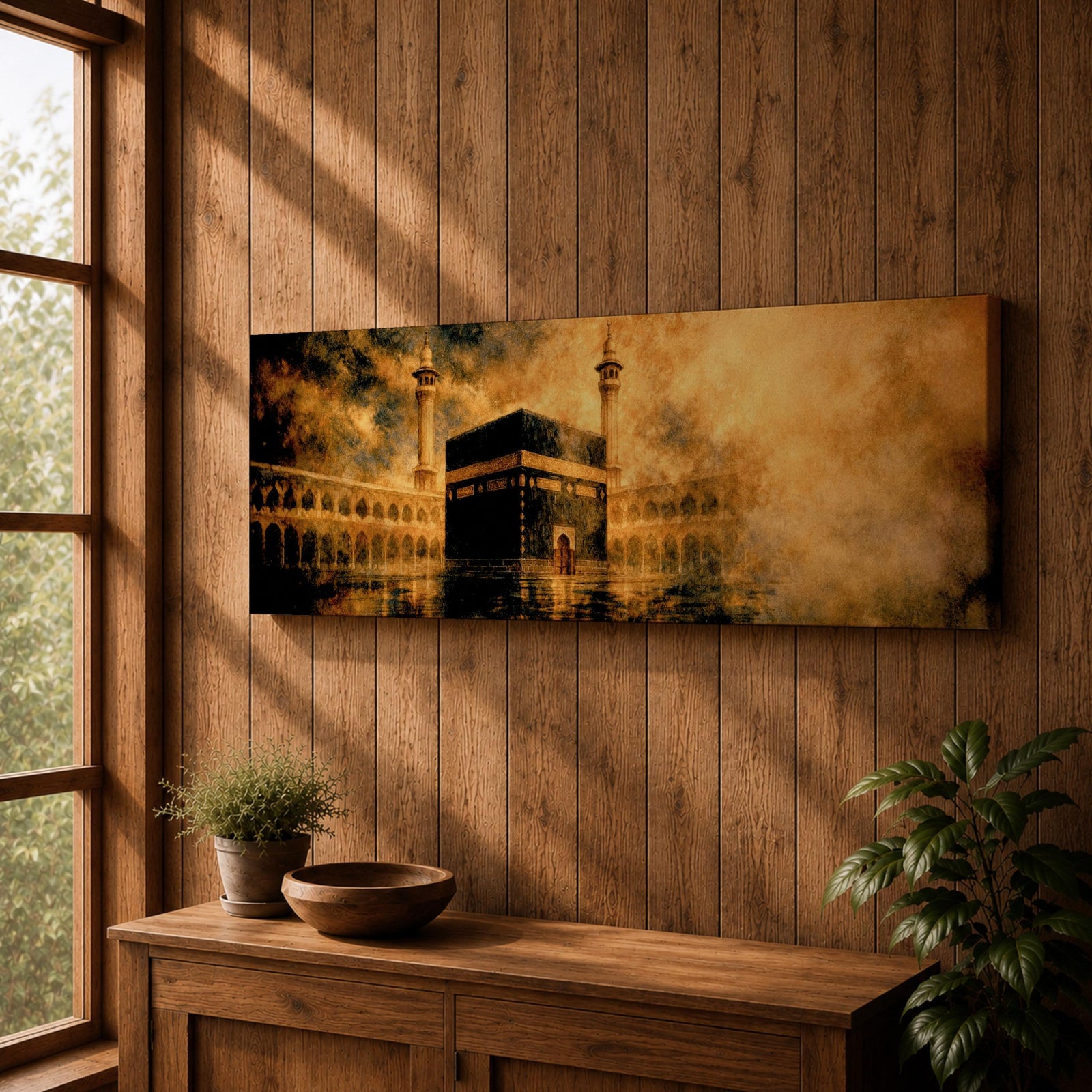 Panoramic artwork depicting the Kaaba in Mecca surrounded by the Masjid al-Haram courtyard with tall minarets rising through golden atmospheric light and dramatic clouds, creating a sacred Islamic architectural scene.