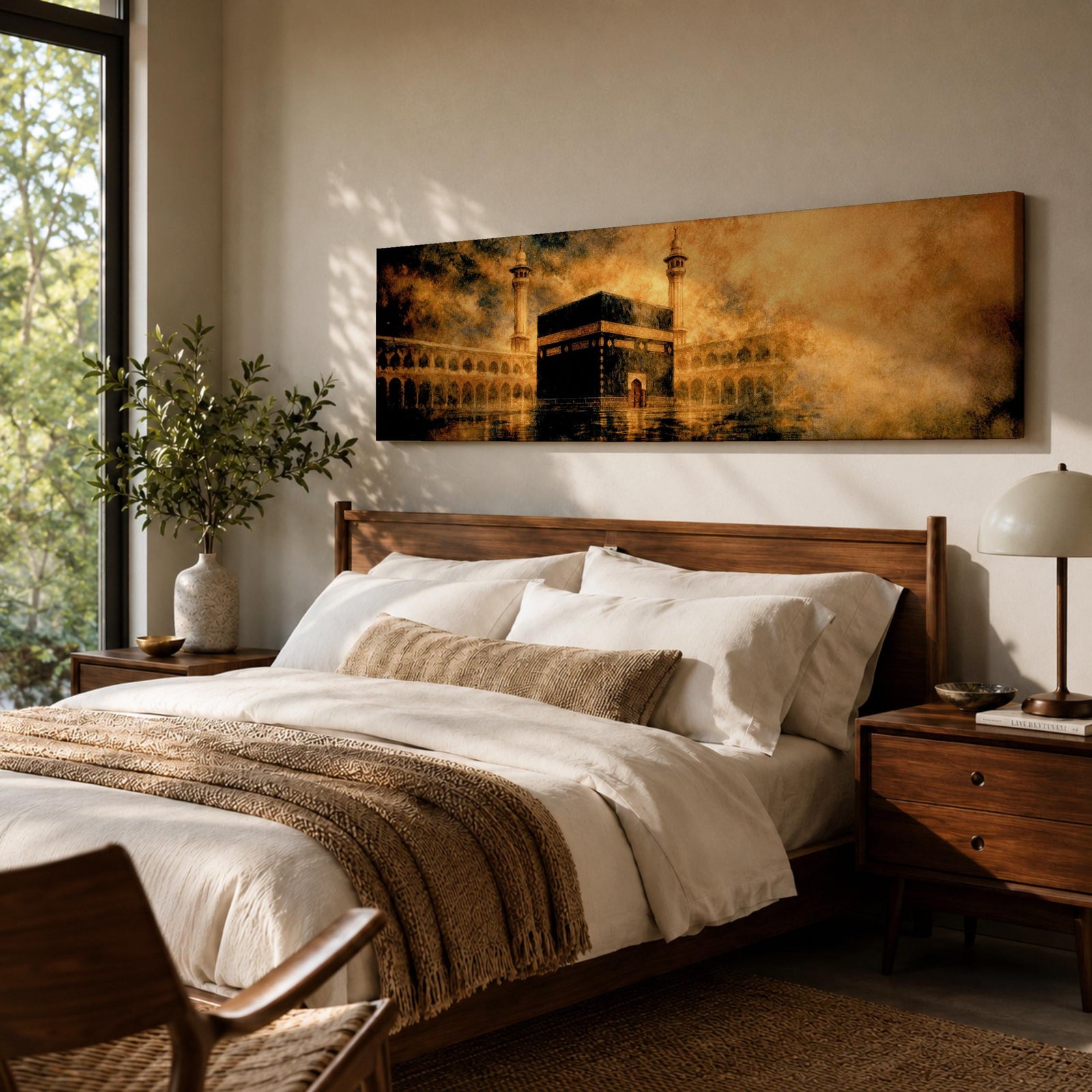 Panoramic artwork depicting the Kaaba in Mecca surrounded by the Masjid al-Haram courtyard with tall minarets rising through golden atmospheric light and dramatic clouds, creating a sacred Islamic architectural scene.