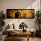 Panoramic artwork depicting the Kaaba in Mecca surrounded by the Masjid al-Haram courtyard with tall minarets rising through golden atmospheric light and dramatic clouds, creating a sacred Islamic architectural scene.