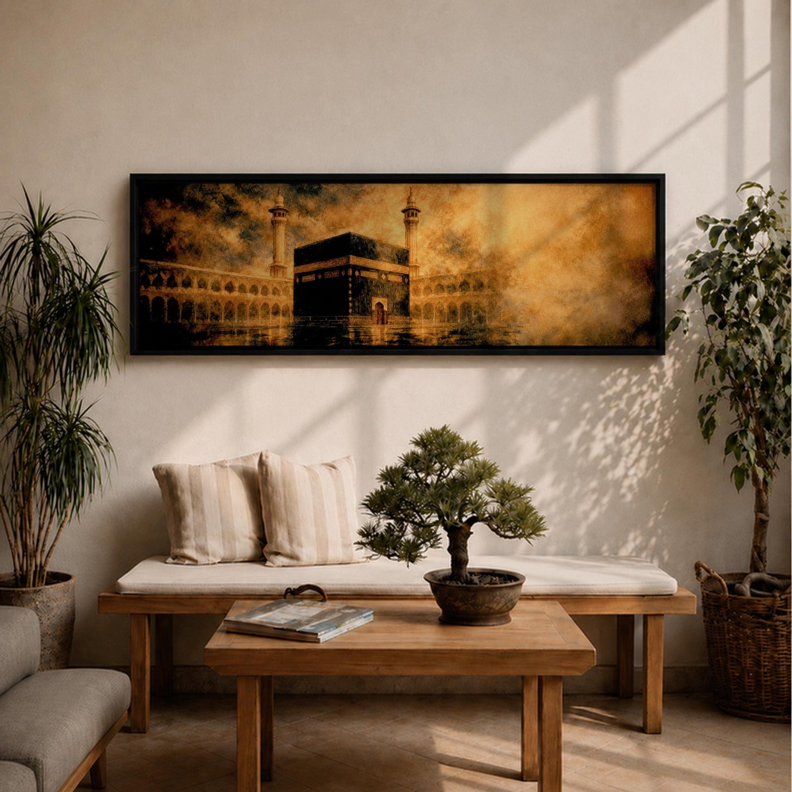 Panoramic artwork depicting the Kaaba in Mecca surrounded by the Masjid al-Haram courtyard with tall minarets rising through golden atmospheric light and dramatic clouds, creating a sacred Islamic architectural scene.