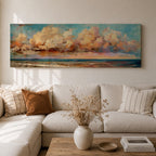 Panoramic coastal painting featuring dramatic sunset clouds above the ocean horizon with waves along a sandy beach, rendered in warm pastel sky tones and textured brushstrokes creating a peaceful seaside landscape.