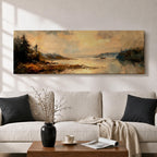 Panoramic landscape painting featuring a calm lake at sunset with pine trees along the shoreline and golden light reflecting across still water, creating a peaceful rustic nature scene with warm earthy tones.