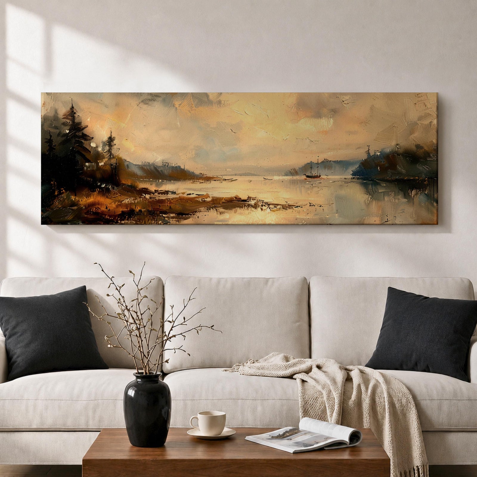 Panoramic landscape painting featuring a calm lake at sunset with pine trees along the shoreline and golden light reflecting across still water, creating a peaceful rustic nature scene with warm earthy tones.