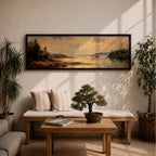 Panoramic landscape painting featuring a calm lake at sunset with pine trees along the shoreline and golden light reflecting across still water, creating a peaceful rustic nature scene with warm earthy tones.