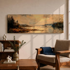 Panoramic landscape painting featuring a calm lake at sunset with pine trees along the shoreline and golden light reflecting across still water, creating a peaceful rustic nature scene with warm earthy tones.