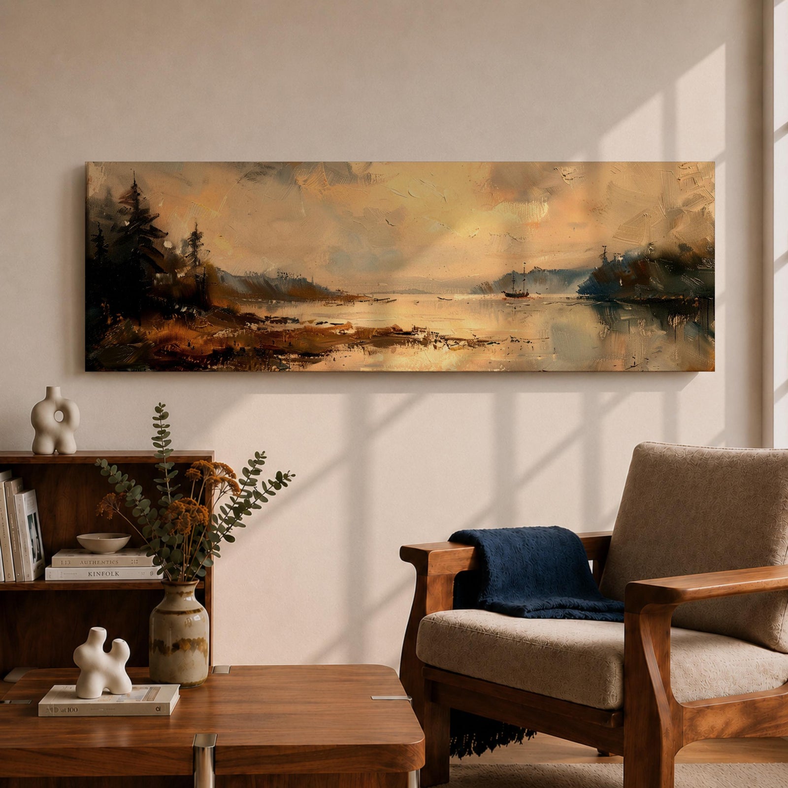 Panoramic landscape painting featuring a calm lake at sunset with pine trees along the shoreline and golden light reflecting across still water, creating a peaceful rustic nature scene with warm earthy tones.