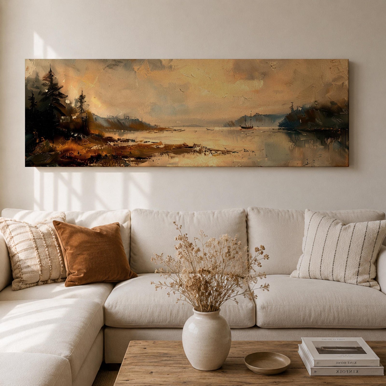 Panoramic landscape painting featuring a calm lake at sunset with pine trees along the shoreline and golden light reflecting across still water, creating a peaceful rustic nature scene with warm earthy tones.