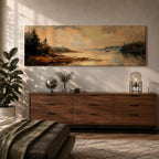 Panoramic landscape painting featuring a calm lake at sunset with pine trees along the shoreline and golden light reflecting across still water, creating a peaceful rustic nature scene with warm earthy tones.