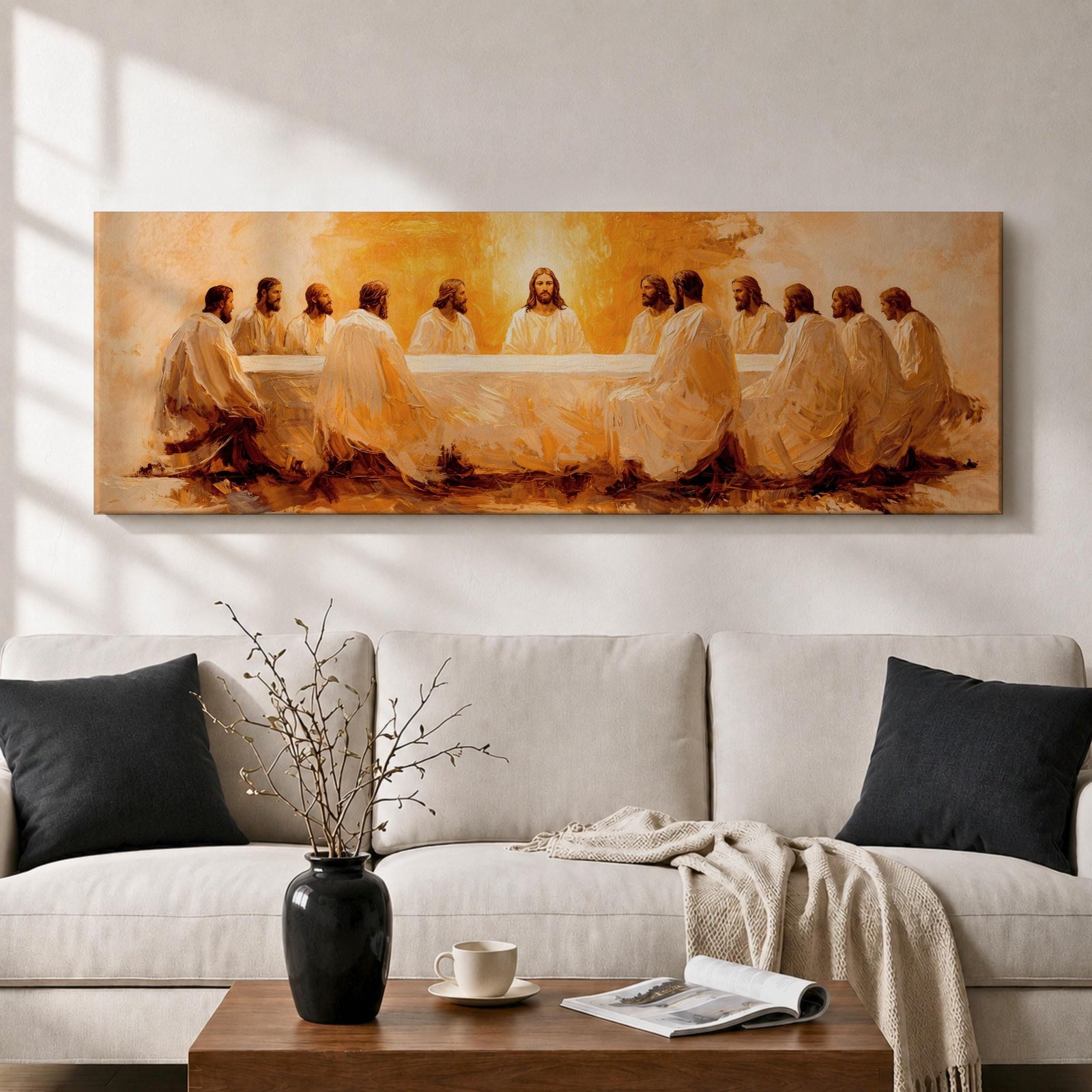Panoramic religious painting depicting Jesus and the twelve disciples gathered around the Last Supper table illuminated by warm golden light, creating a sacred Christian biblical scene.