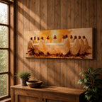 Panoramic religious painting depicting Jesus and the twelve disciples gathered around the Last Supper table illuminated by warm golden light, creating a sacred Christian biblical scene.