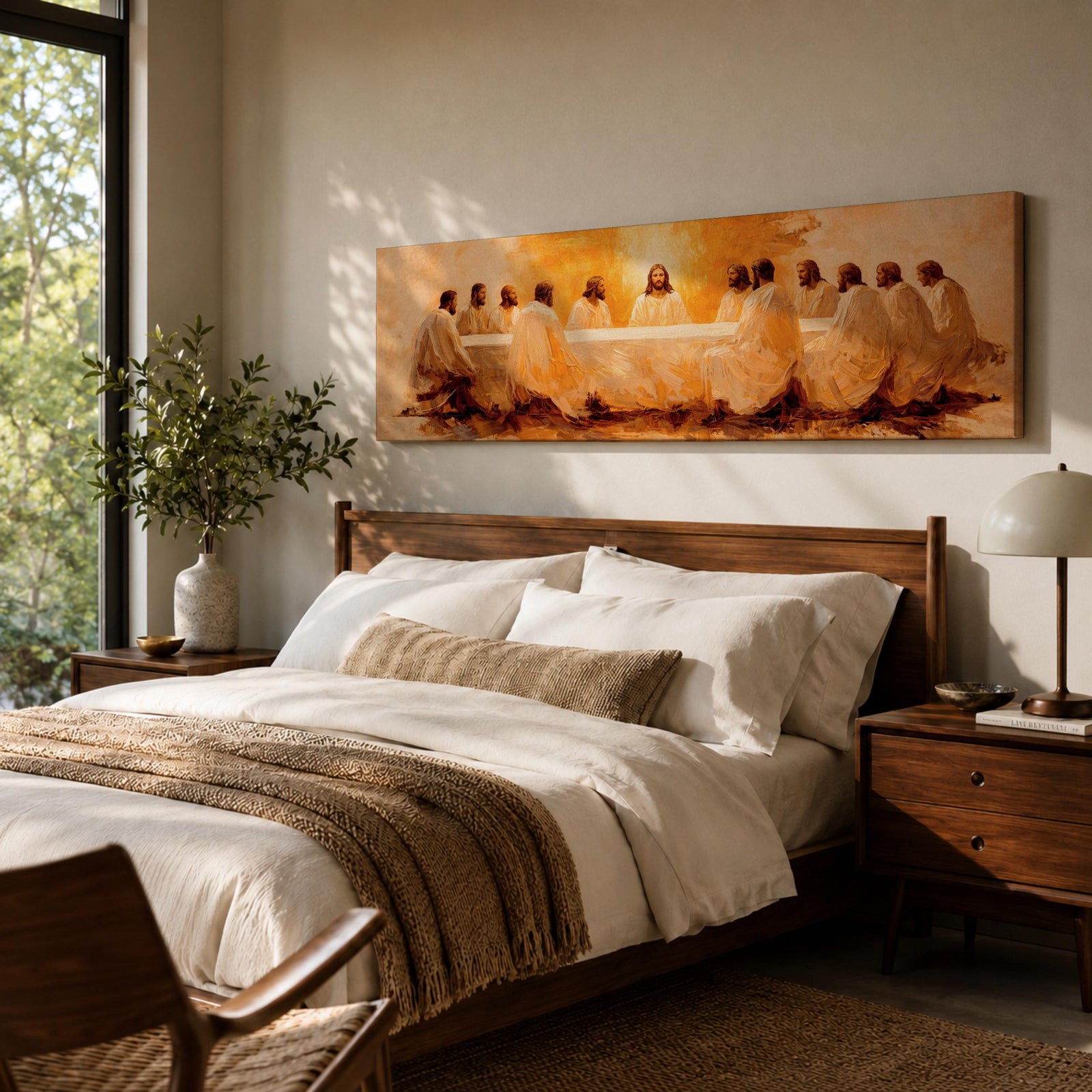 Panoramic religious painting depicting Jesus and the twelve disciples gathered around the Last Supper table illuminated by warm golden light, creating a sacred Christian biblical scene.