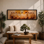 Panoramic religious painting depicting Jesus and the twelve disciples gathered around the Last Supper table illuminated by warm golden light, creating a sacred Christian biblical scene.