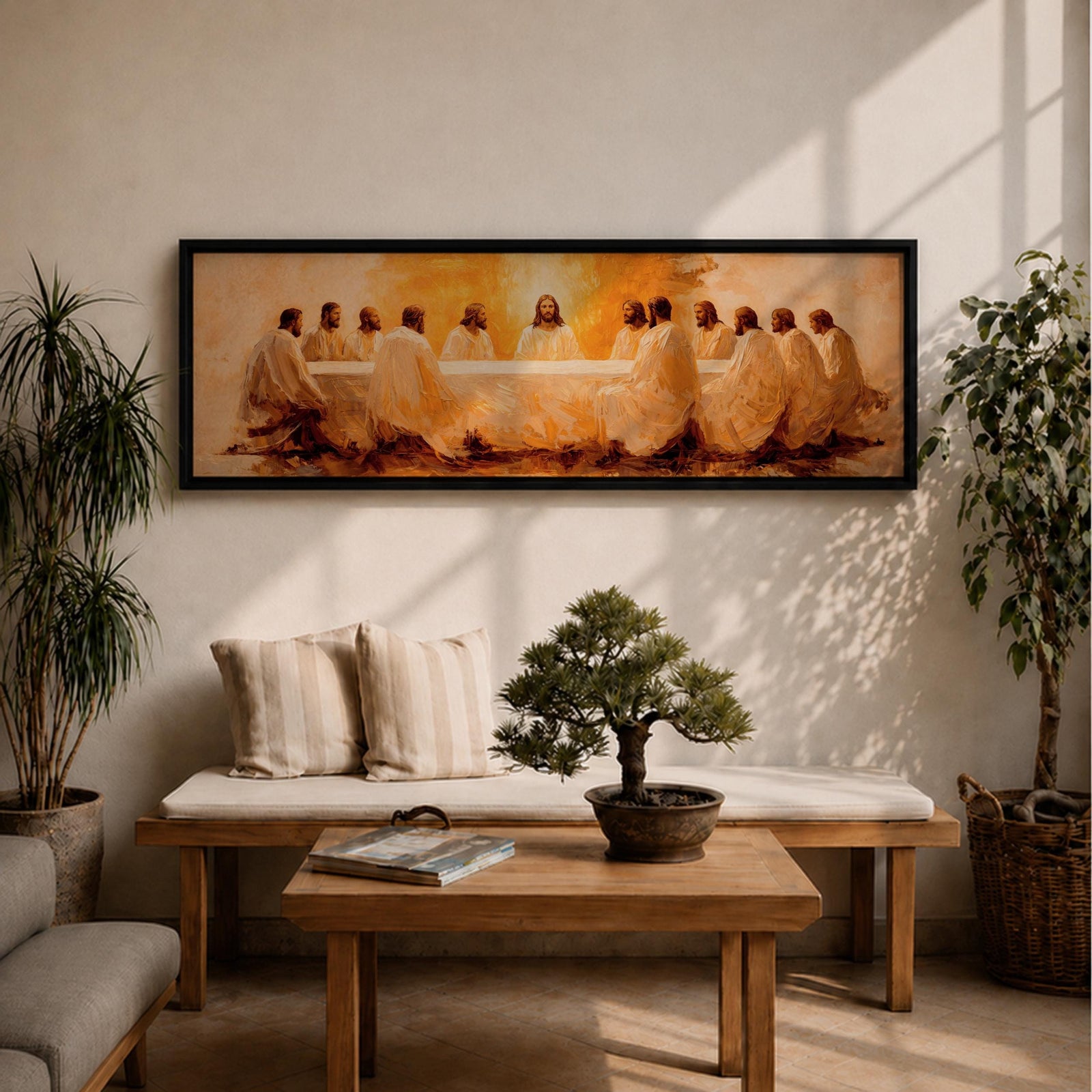 Panoramic religious painting depicting Jesus and the twelve disciples gathered around the Last Supper table illuminated by warm golden light, creating a sacred Christian biblical scene.