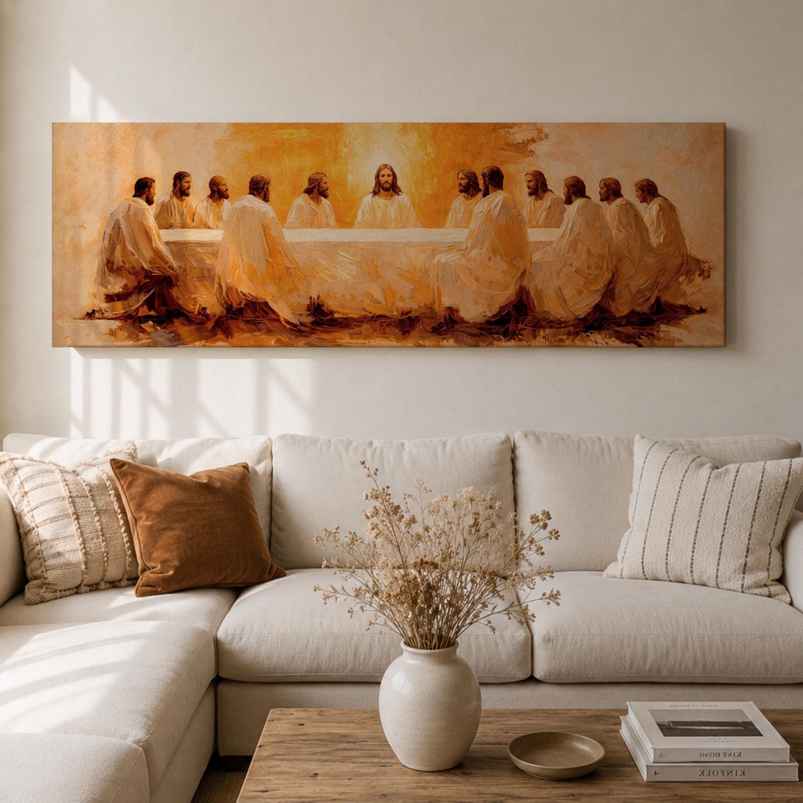 Panoramic religious painting depicting Jesus and the twelve disciples gathered around the Last Supper table illuminated by warm golden light, creating a sacred Christian biblical scene.