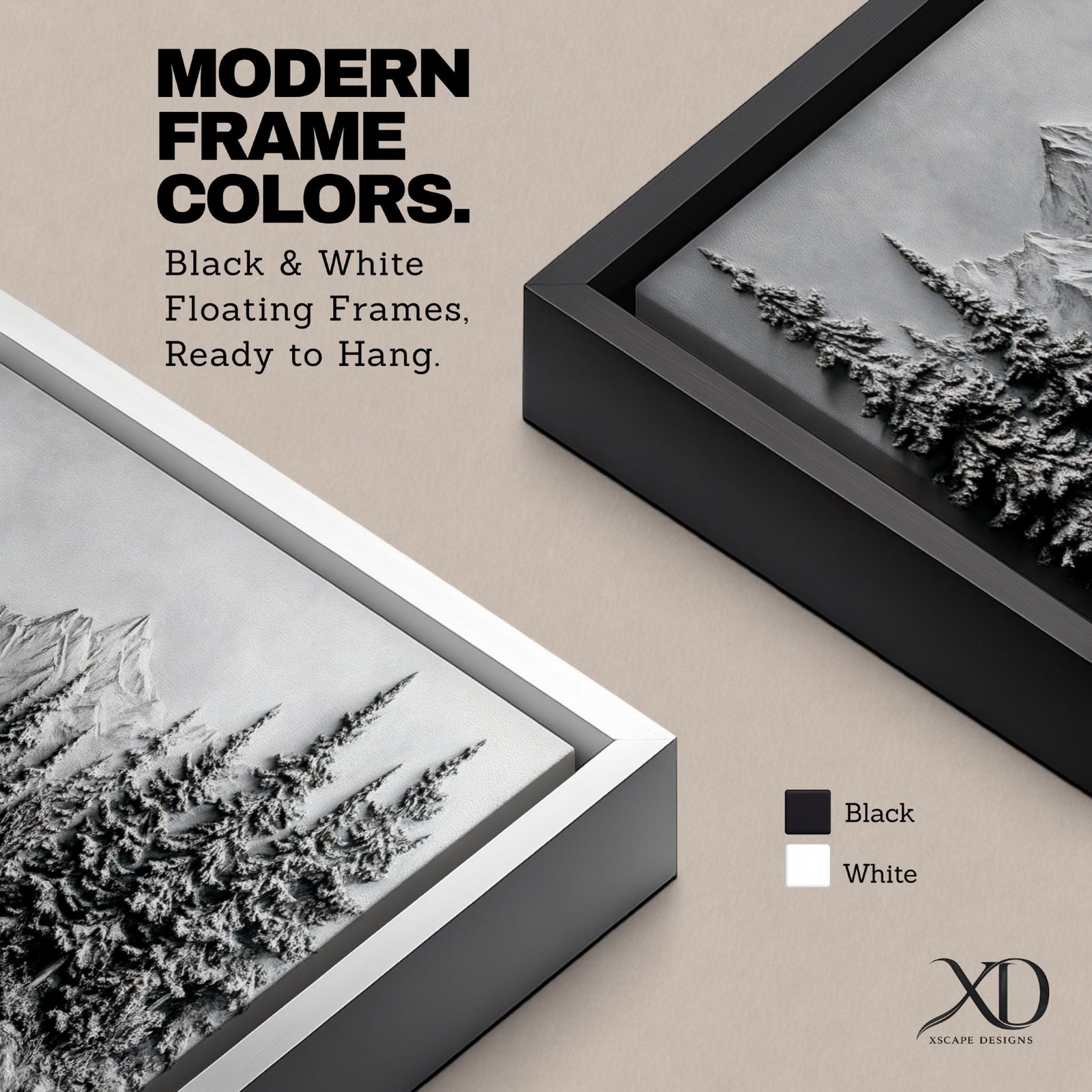 Panoramic monochrome landscape artwork depicting snow covered mountains and a dense pine forest with a winter valley scene rendered in black and white tones.