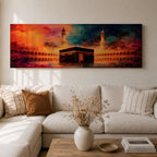Panoramic artwork depicting the Kaaba in Mecca inside Masjid al-Haram surrounded by mosque arches and minarets with dramatic abstract sunset colors and glowing atmospheric light.
