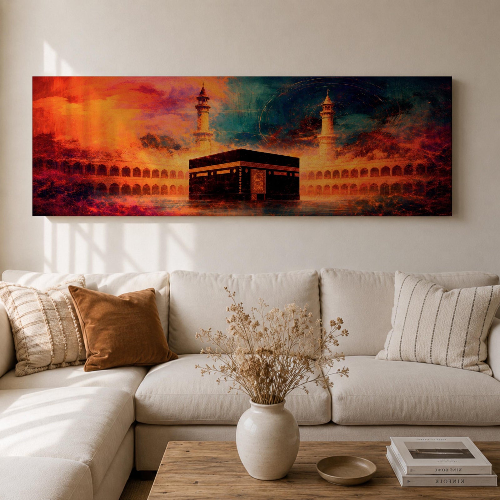 Panoramic artwork depicting the Kaaba in Mecca inside Masjid al-Haram surrounded by mosque arches and minarets with dramatic abstract sunset colors and glowing atmospheric light.