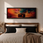 Panoramic artwork depicting the Kaaba in Mecca inside Masjid al-Haram surrounded by mosque arches and minarets with dramatic abstract sunset colors and glowing atmospheric light.