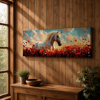 A panoramic painting of a white horse standing gracefully in a vibrant field of red poppies and wildflowers beneath a dramatic sky filled with soft clouds and warm sunlight, the horse’s flowing mane catching the light as it looks calmly across the meadow, rendered in a luminous painterly style with rich contrast between the bright flowers and the pale coat.