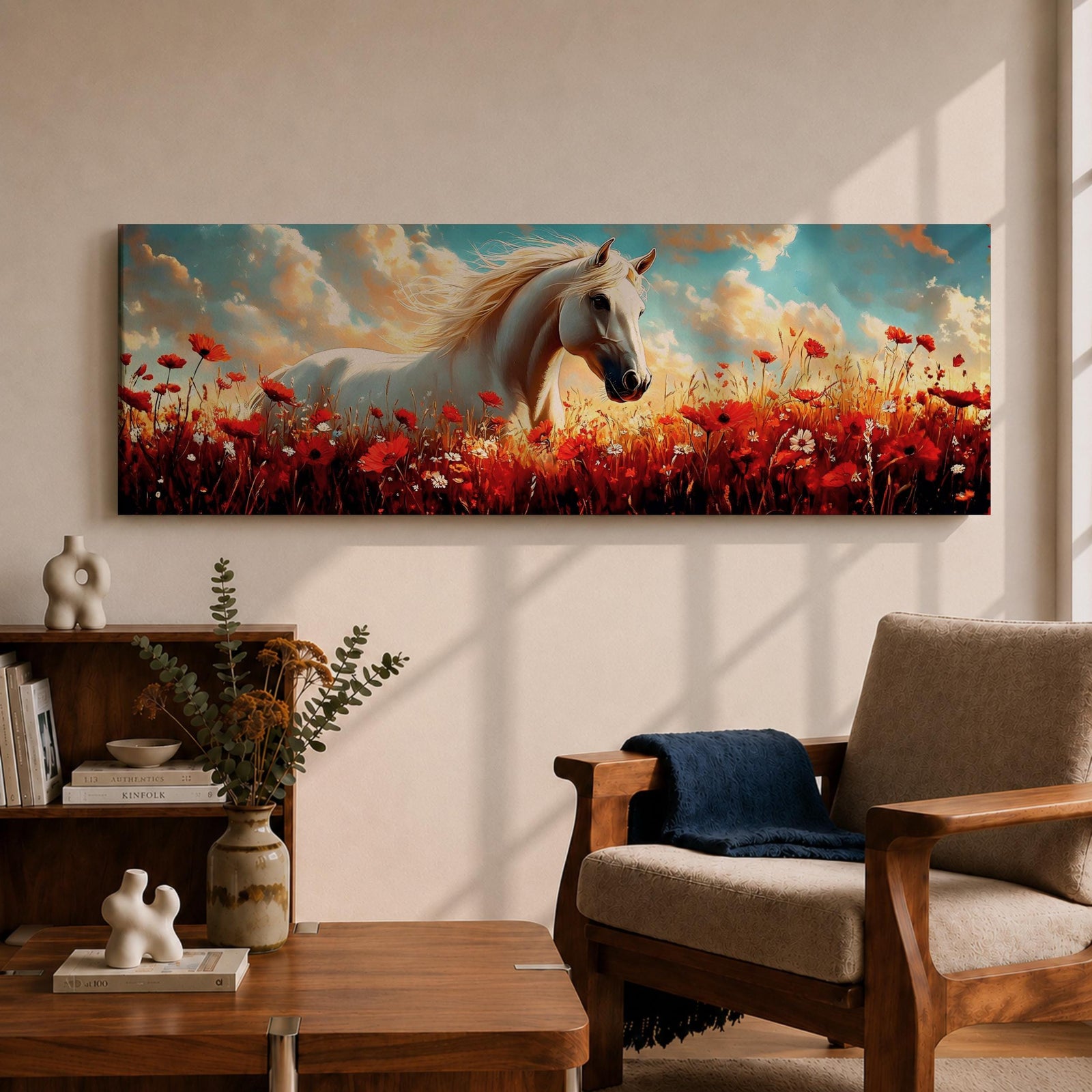 A panoramic painting of a white horse standing gracefully in a vibrant field of red poppies and wildflowers beneath a dramatic sky filled with soft clouds and warm sunlight, the horse’s flowing mane catching the light as it looks calmly across the meadow, rendered in a luminous painterly style with rich contrast between the bright flowers and the pale coat.