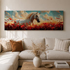 A panoramic painting of a white horse standing gracefully in a vibrant field of red poppies and wildflowers beneath a dramatic sky filled with soft clouds and warm sunlight, the horse’s flowing mane catching the light as it looks calmly across the meadow, rendered in a luminous painterly style with rich contrast between the bright flowers and the pale coat.