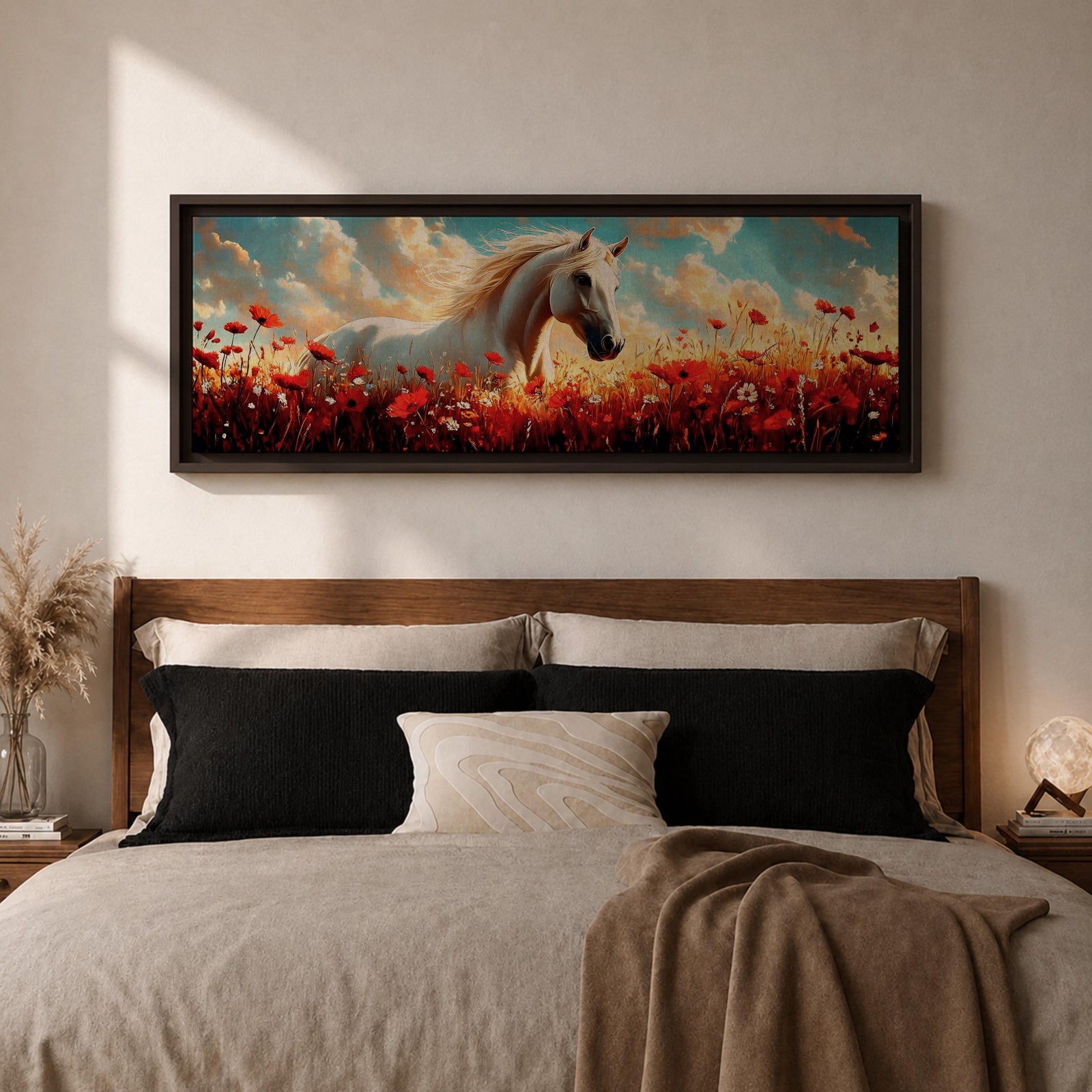 A panoramic painting of a white horse standing gracefully in a vibrant field of red poppies and wildflowers beneath a dramatic sky filled with soft clouds and warm sunlight, the horse’s flowing mane catching the light as it looks calmly across the meadow, rendered in a luminous painterly style with rich contrast between the bright flowers and the pale coat.