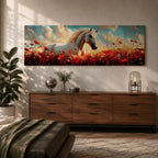 A panoramic painting of a white horse standing gracefully in a vibrant field of red poppies and wildflowers beneath a dramatic sky filled with soft clouds and warm sunlight, the horse’s flowing mane catching the light as it looks calmly across the meadow, rendered in a luminous painterly style with rich contrast between the bright flowers and the pale coat.