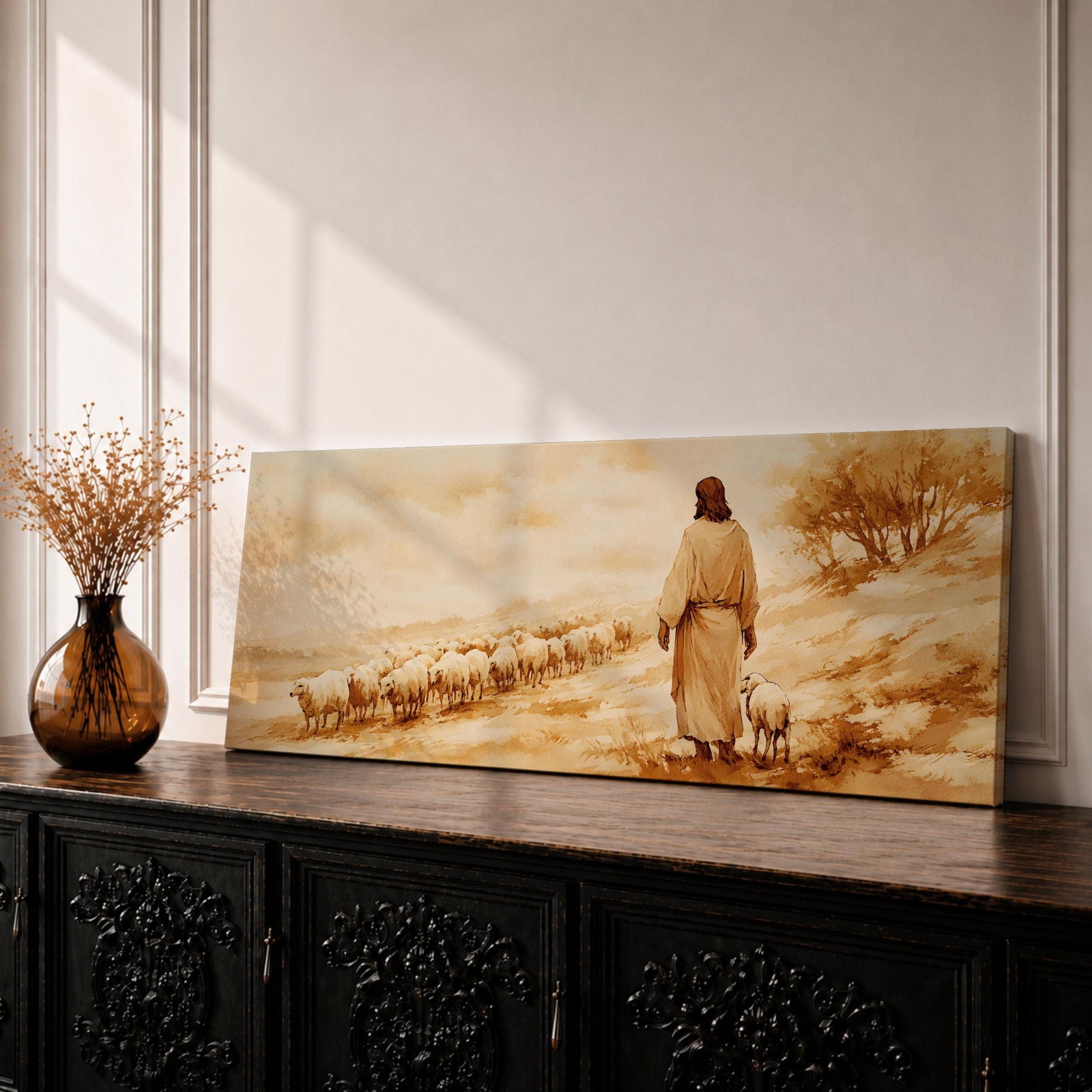 A panoramic painting of Jesus walking along a dusty hillside guiding a long line of sheep across a warm desert landscape, depicted from behind in flowing robes as the flock follows along the path beneath a soft glowing sky, rendered in a calm painterly style with earthy tones and gentle light across the scene.