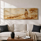 A panoramic painting of Jesus walking along a dusty hillside guiding a long line of sheep across a warm desert landscape, depicted from behind in flowing robes as the flock follows along the path beneath a soft glowing sky, rendered in a calm painterly style with earthy tones and gentle light across the scene.