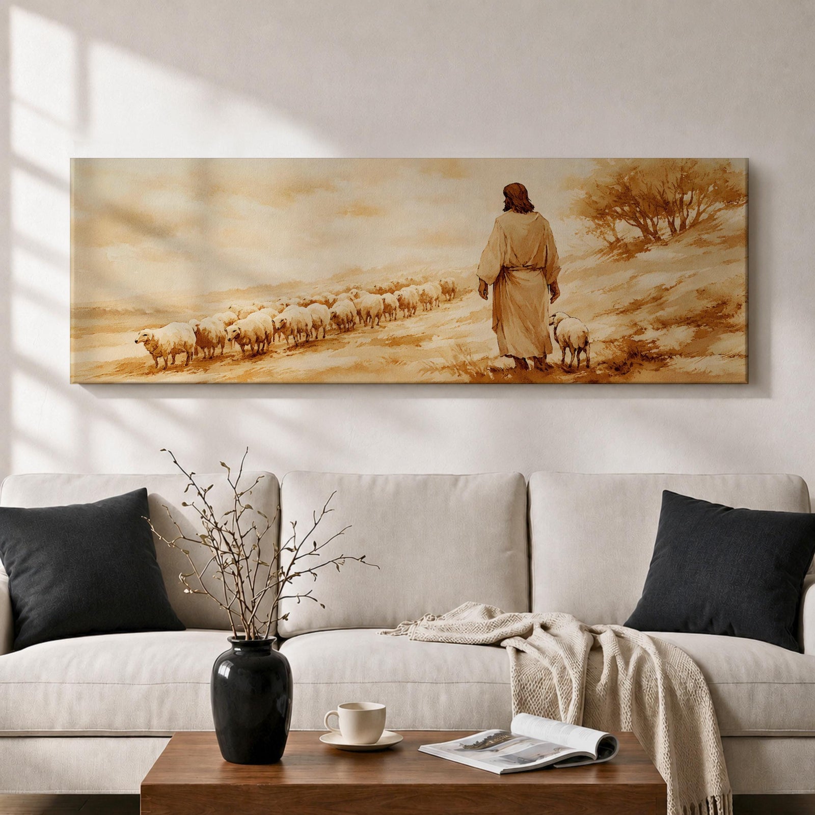 A panoramic painting of Jesus walking along a dusty hillside guiding a long line of sheep across a warm desert landscape, depicted from behind in flowing robes as the flock follows along the path beneath a soft glowing sky, rendered in a calm painterly style with earthy tones and gentle light across the scene.