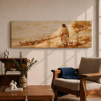 A panoramic painting of Jesus walking along a dusty hillside guiding a long line of sheep across a warm desert landscape, depicted from behind in flowing robes as the flock follows along the path beneath a soft glowing sky, rendered in a calm painterly style with earthy tones and gentle light across the scene.