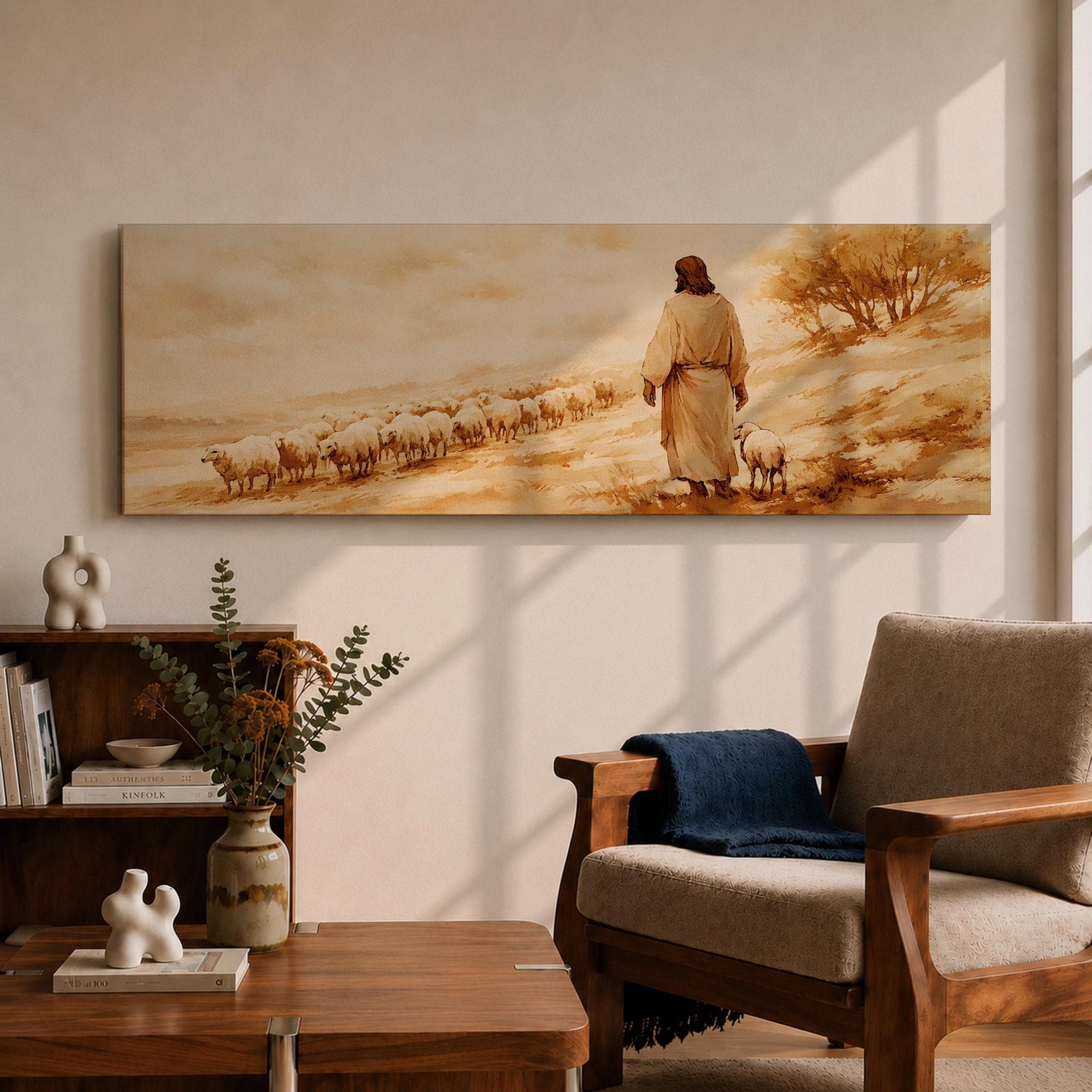 A panoramic painting of Jesus walking along a dusty hillside guiding a long line of sheep across a warm desert landscape, depicted from behind in flowing robes as the flock follows along the path beneath a soft glowing sky, rendered in a calm painterly style with earthy tones and gentle light across the scene.